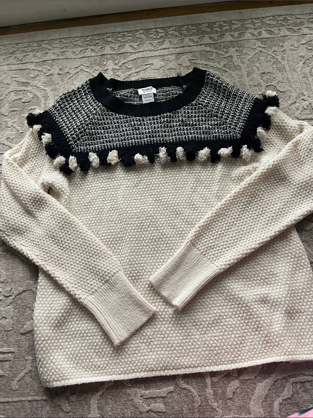 Monroe & Main Cream Sweater with Black Yoke and Pom-Pom Trim